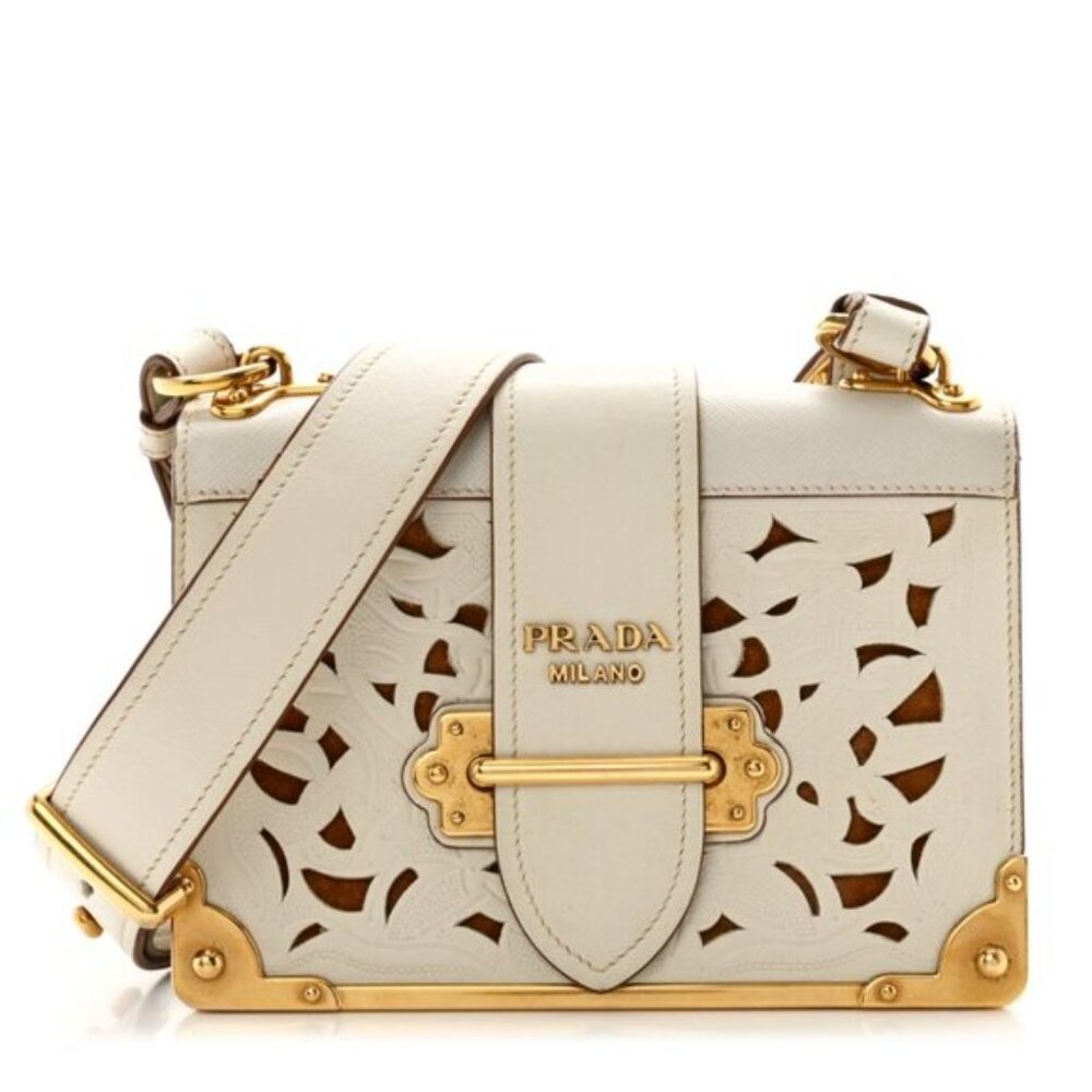 Prada Cream Cutout Leather Shoulder Bag with Gold Hardware